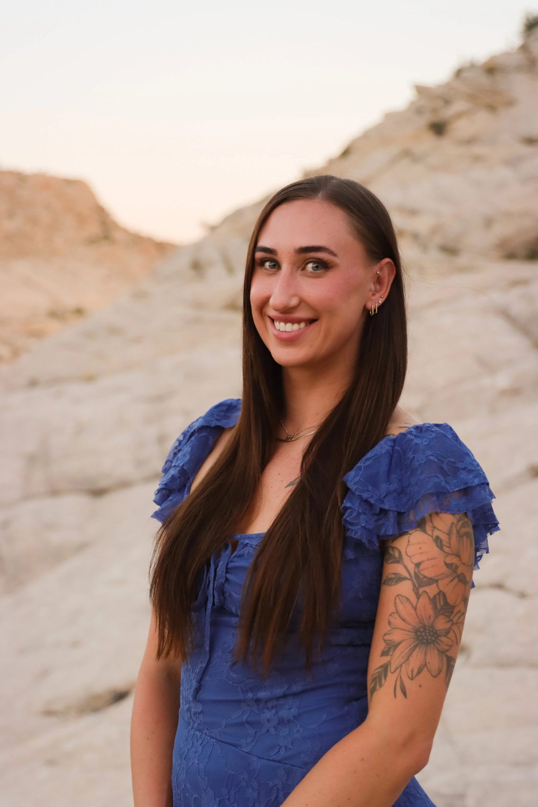 Cheyenne smiling at sunset in the desert near St. George, Utah