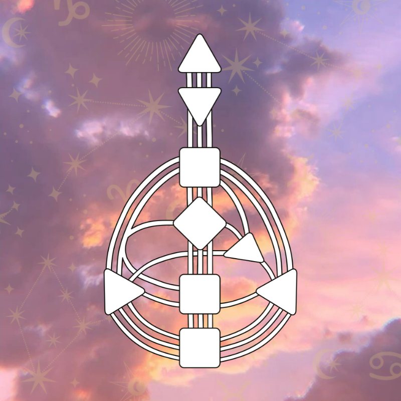 A Human Design bodygraph over a sunset sky with gold stars and constellations
